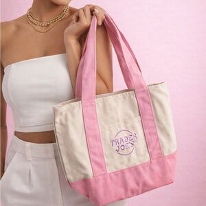 Trader Joe’s Spring Collection: Pink and Beige Tote with Purple Embroidered Logo